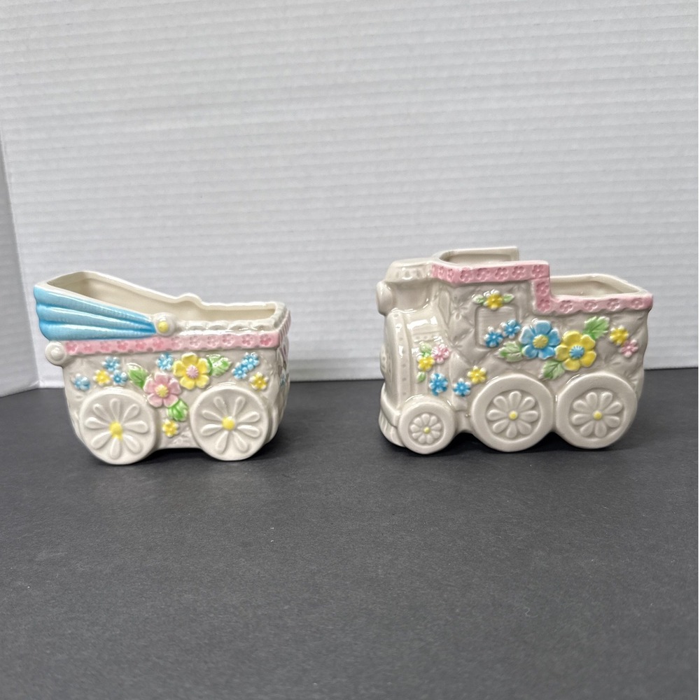 Vintage 1985 Lefton Baby Planters Set Train and Carriage Floral Ceramic 04868